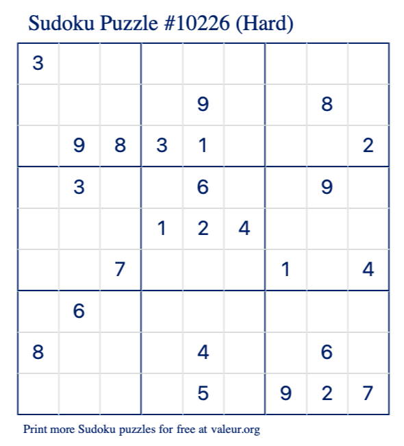 Free Printable Hard Sudoku Puzzle number 10226