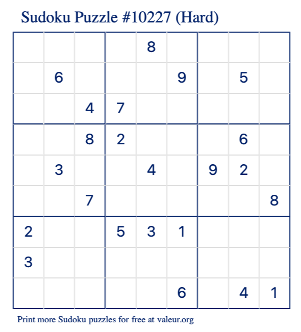 Free Printable Hard Sudoku Puzzle number 10227