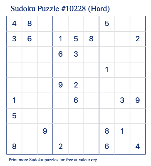 Free Printable Hard Sudoku Puzzle number 10228