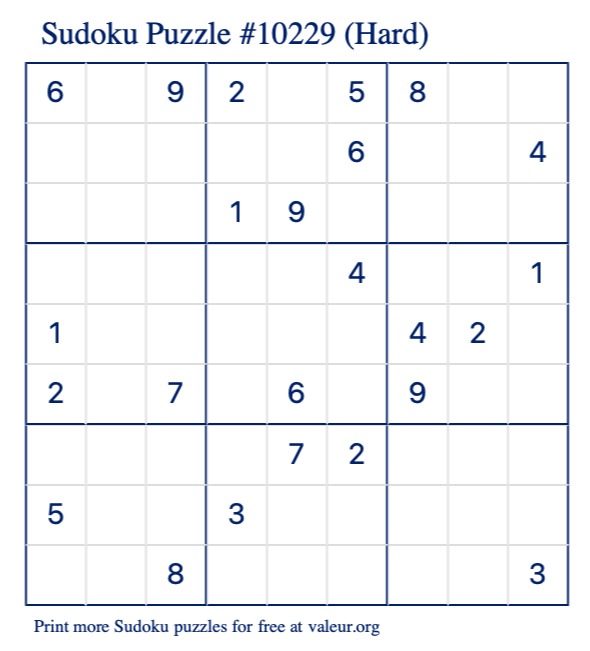 Free Printable Hard Sudoku Puzzle number 10229