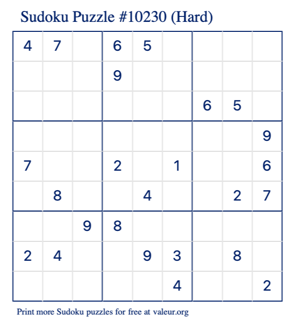 Free Printable Hard Sudoku Puzzle number 10230