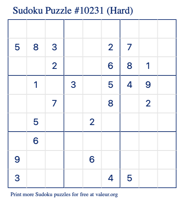 Free Printable Hard Sudoku Puzzle number 10231