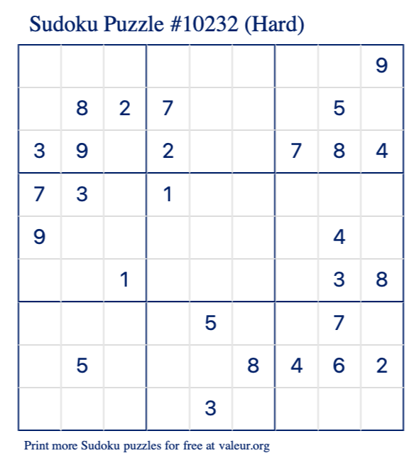 Free Printable Hard Sudoku Puzzle number 10232