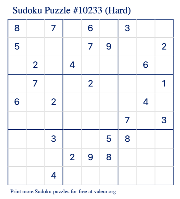 Free Printable Hard Sudoku Puzzle number 10233