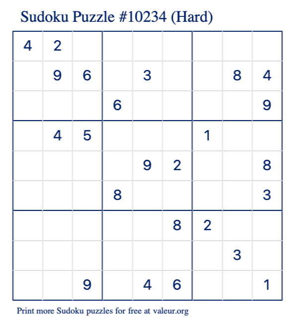 Free Printable Hard Sudoku Puzzle number 10234