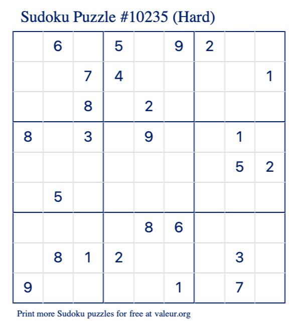 Free Printable Hard Sudoku Puzzle number 10235