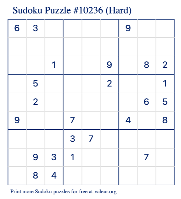 Free Printable Hard Sudoku Puzzle number 10236