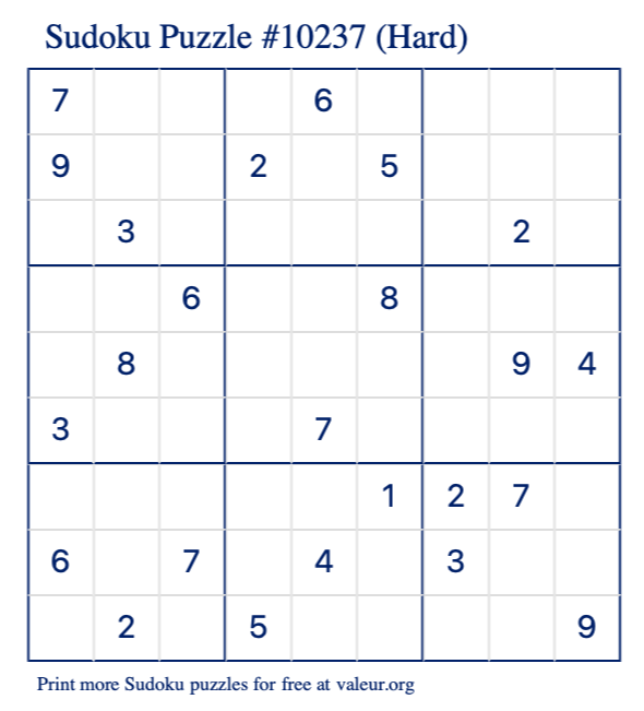 Free Printable Hard Sudoku Puzzle number 10237