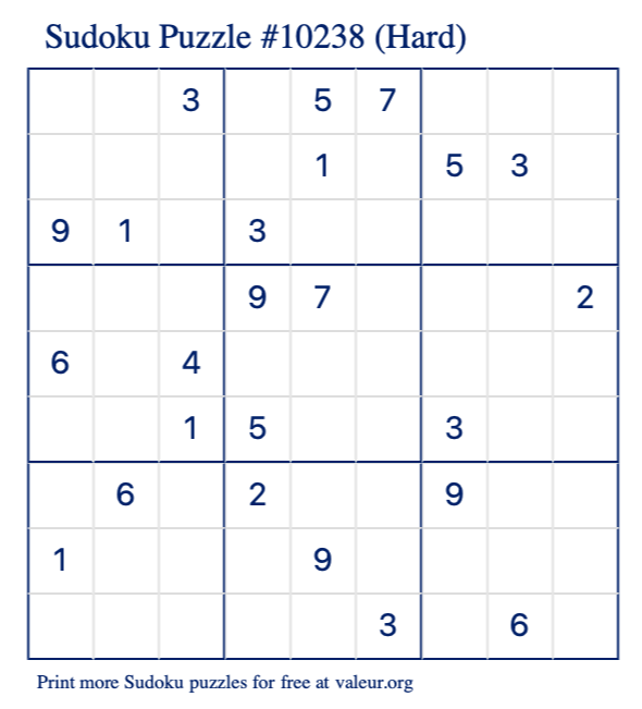 Free Printable Hard Sudoku Puzzle number 10238