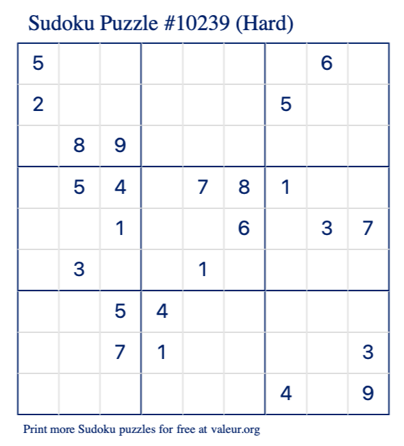 Free Printable Hard Sudoku Puzzle number 10239