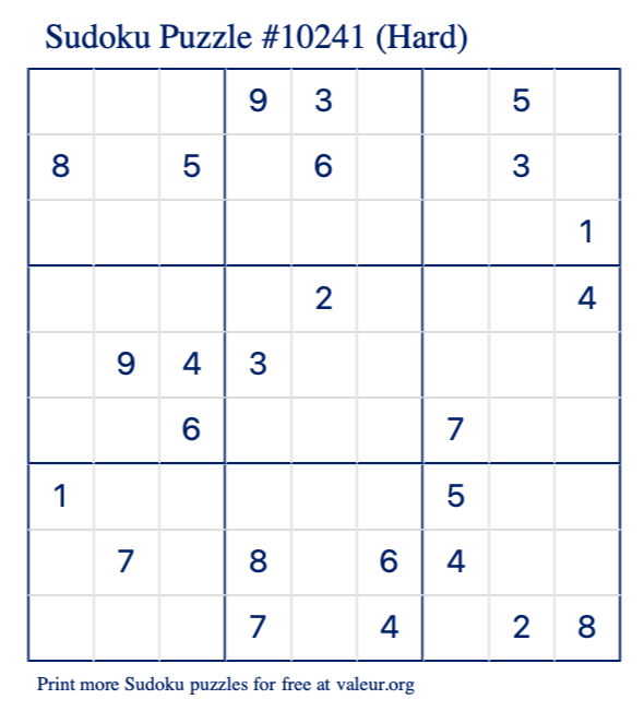 Free Printable Hard Sudoku Puzzle number 10241