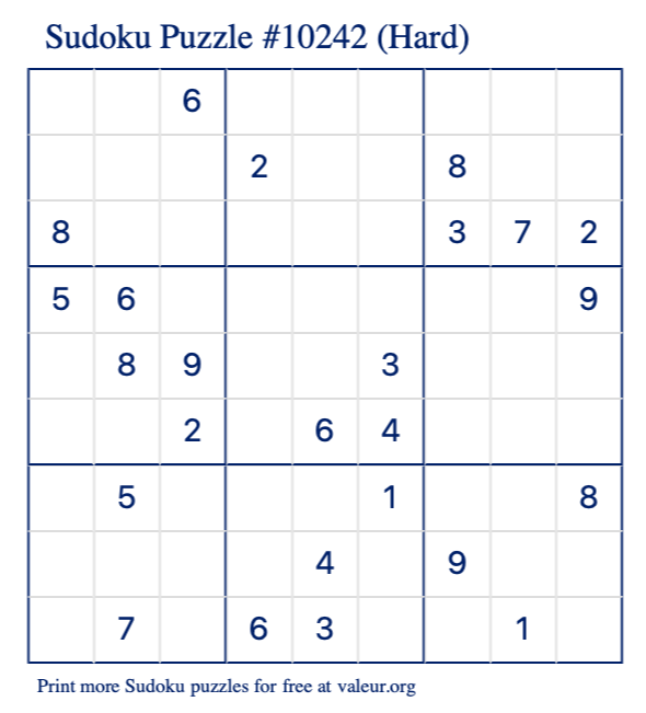 Free Printable Hard Sudoku Puzzle number 10242