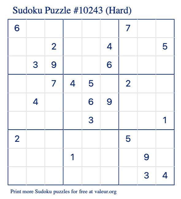 Free Printable Hard Sudoku Puzzle number 10243