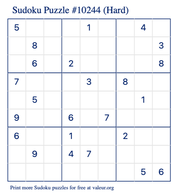 Free Printable Hard Sudoku Puzzle number 10244
