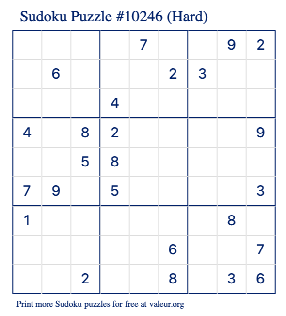 Free Printable Hard Sudoku Puzzle number 10246