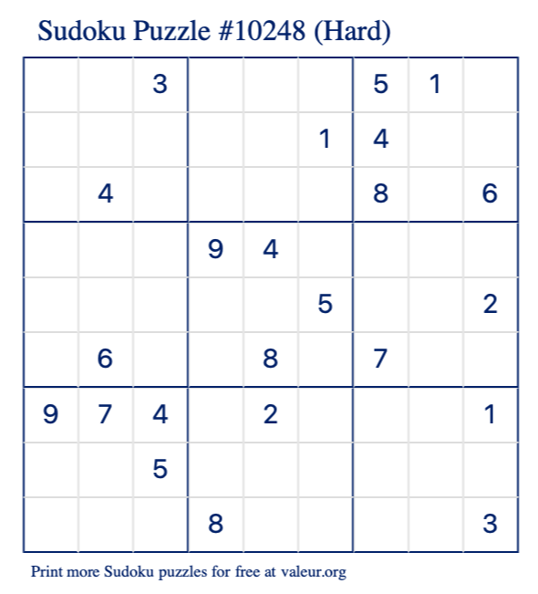 Free Printable Hard Sudoku Puzzle number 10248