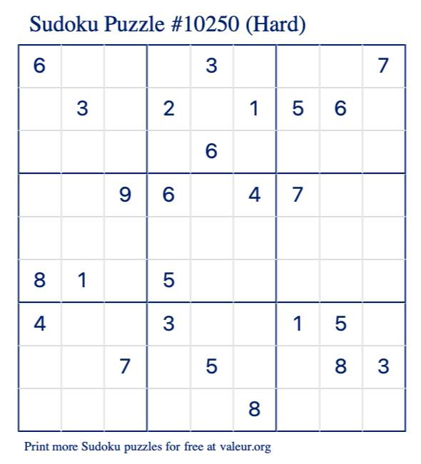 Free Printable Hard Sudoku Puzzle number 10250