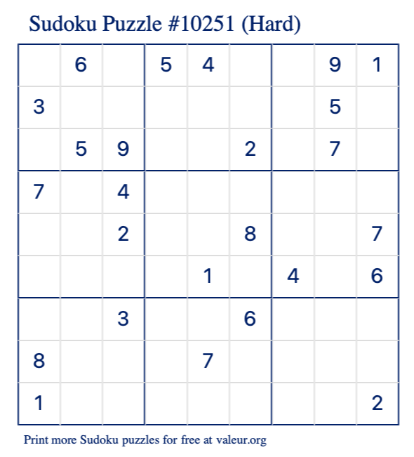 Free Printable Hard Sudoku Puzzle number 10251