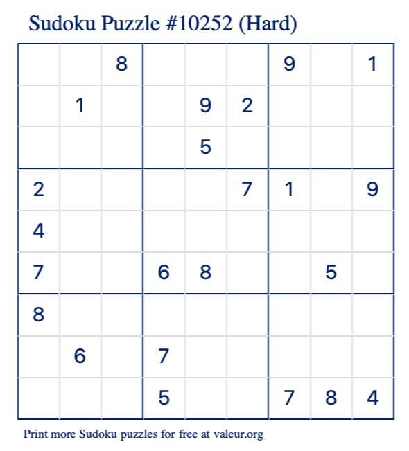 Free Printable Hard Sudoku Puzzle number 10252