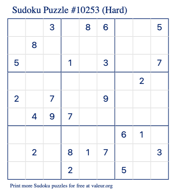 Free Printable Hard Sudoku Puzzle number 10253