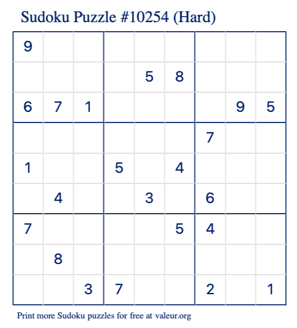 Free Printable Hard Sudoku Puzzle number 10254