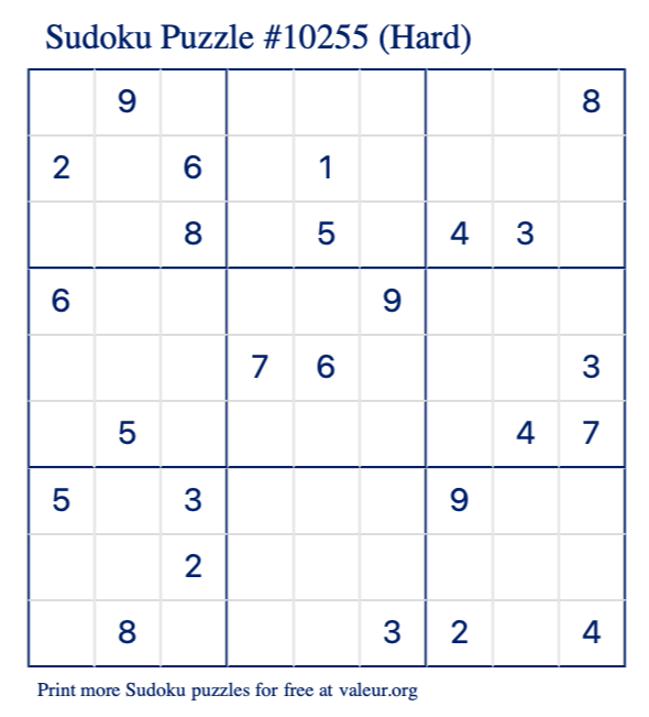 Free Printable Hard Sudoku Puzzle number 10255