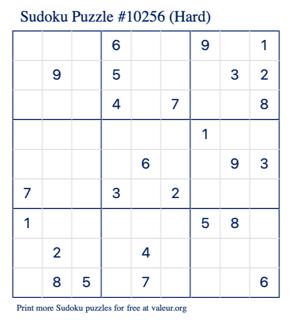 Free Printable Hard Sudoku Puzzle number 10256