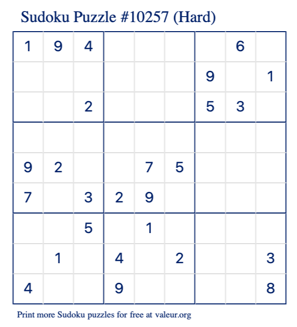 Free Printable Hard Sudoku Puzzle number 10257