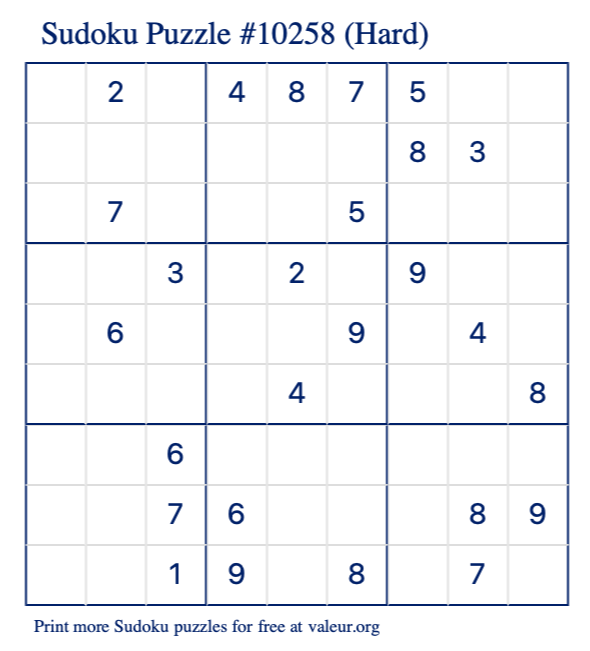 Free Printable Hard Sudoku Puzzle number 10258