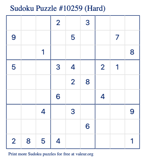 Free Printable Hard Sudoku Puzzle number 10259