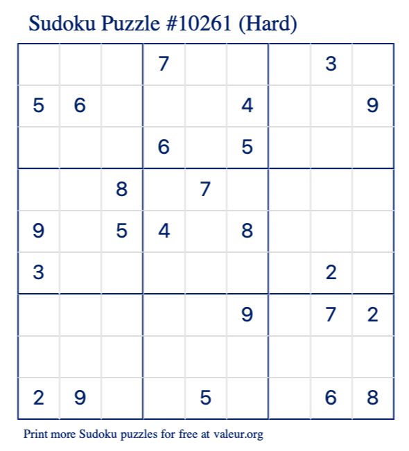 Free Printable Hard Sudoku Puzzle number 10261