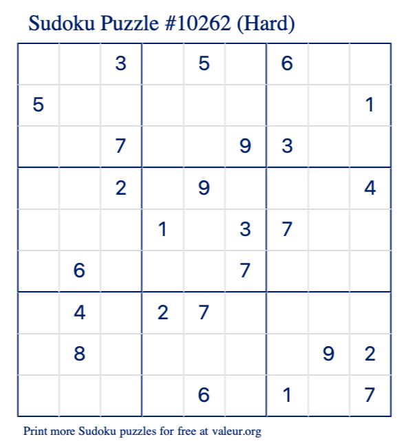 Free Printable Hard Sudoku Puzzle number 10262