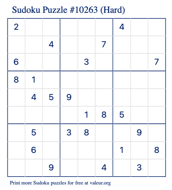 Free Printable Hard Sudoku Puzzle number 10263