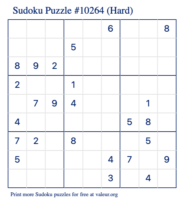 Free Printable Hard Sudoku Puzzle number 10264