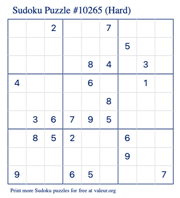 Free Printable Hard Sudoku Puzzle number 10265