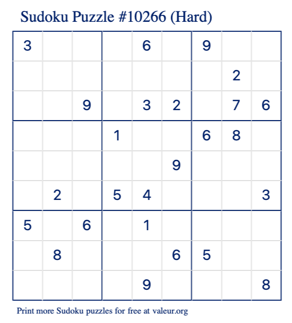 Free Printable Hard Sudoku Puzzle number 10266