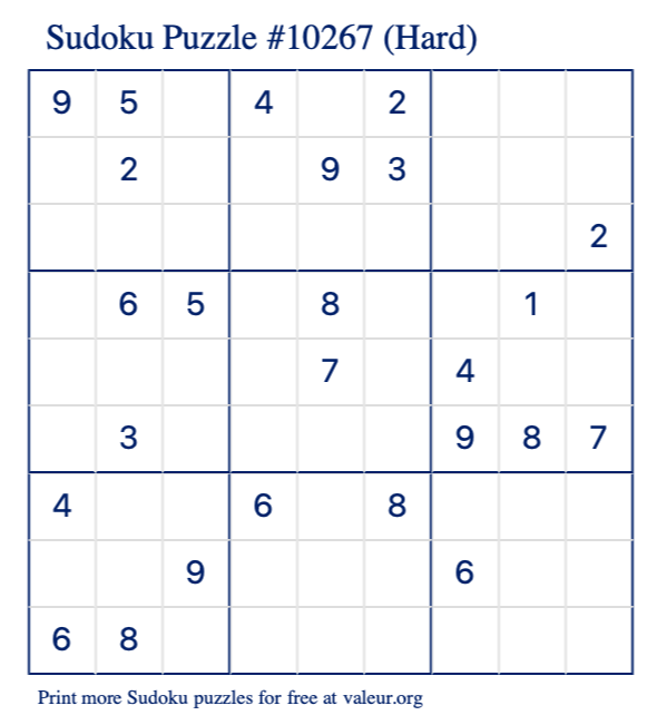 Free Printable Hard Sudoku Puzzle number 10267