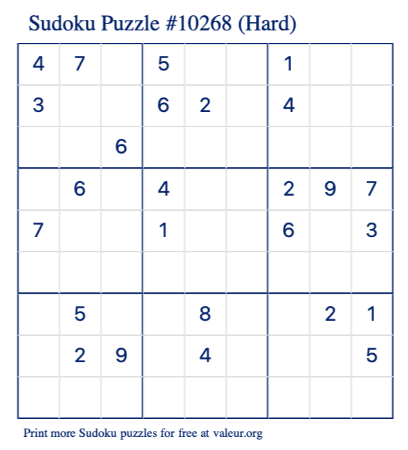 Free Printable Hard Sudoku Puzzle number 10268