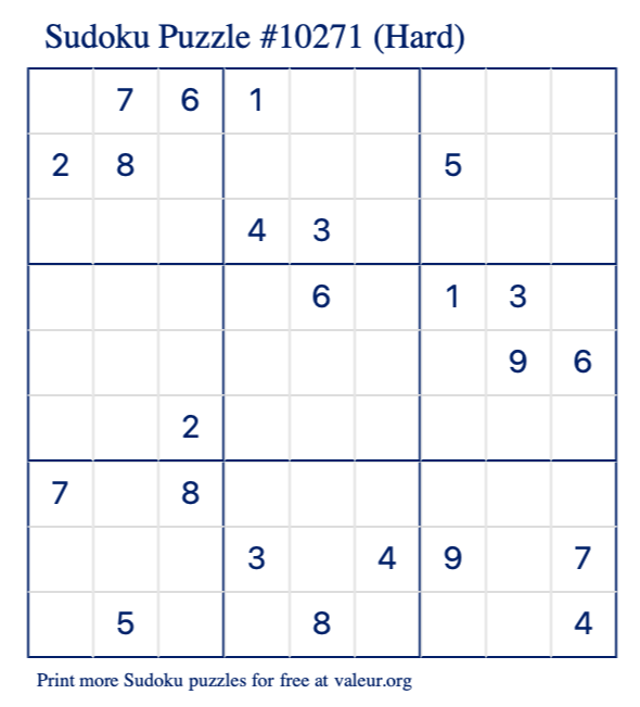 Free Printable Hard Sudoku Puzzle number 10271
