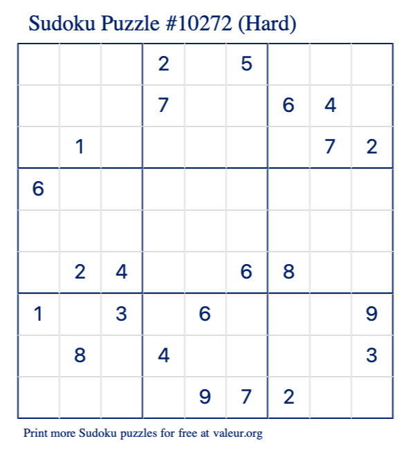Free Printable Hard Sudoku Puzzle number 10272