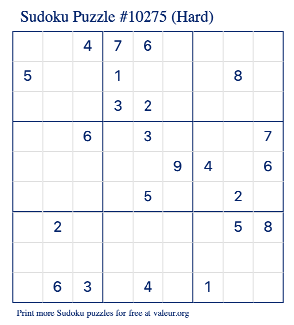 Free Printable Hard Sudoku Puzzle number 10275