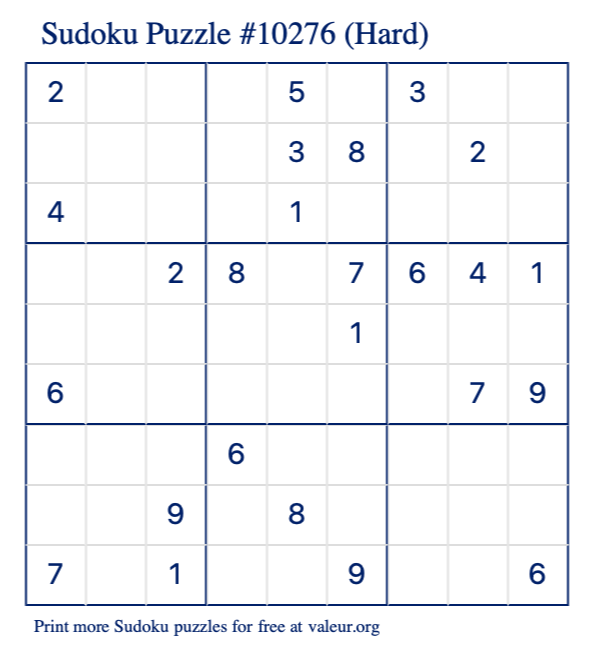 Free Printable Hard Sudoku Puzzle number 10276