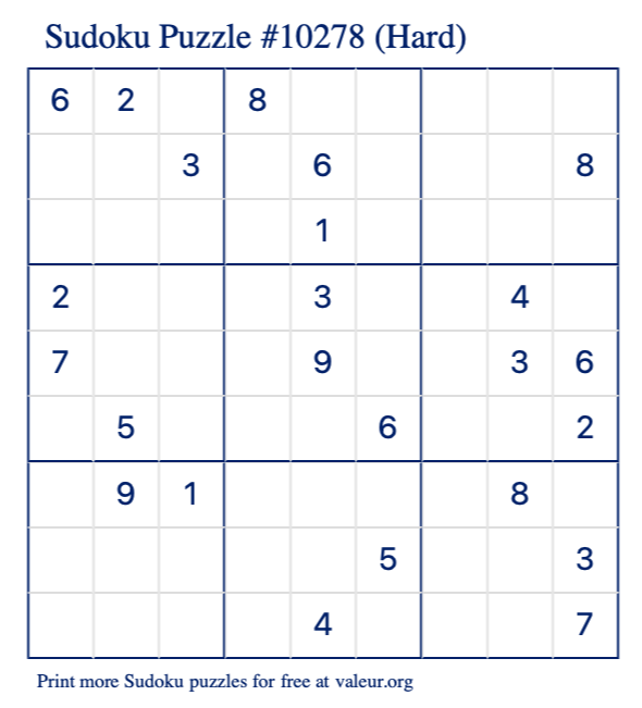 Free Printable Hard Sudoku Puzzle number 10278