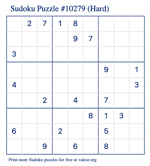 Free Printable Hard Sudoku Puzzle number 10279
