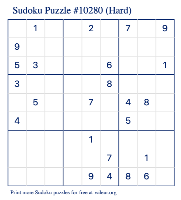 Free Printable Hard Sudoku Puzzle number 10280