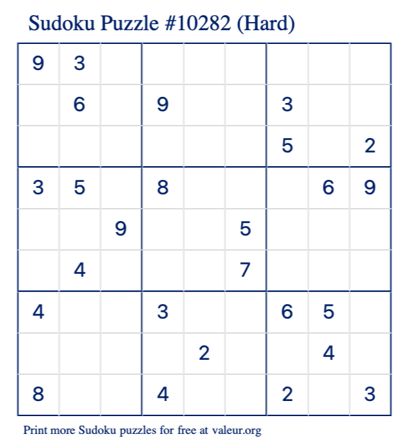 Free Printable Hard Sudoku Puzzle number 10282