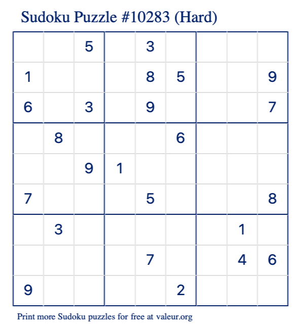 Free Printable Hard Sudoku Puzzle number 10283