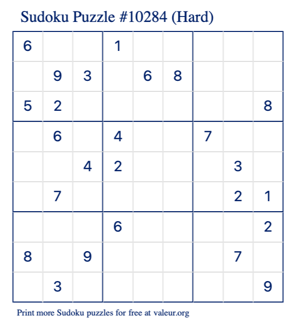 Free Printable Hard Sudoku Puzzle number 10284