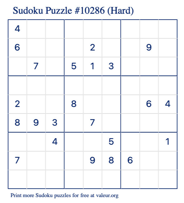 Free Printable Hard Sudoku Puzzle number 10286