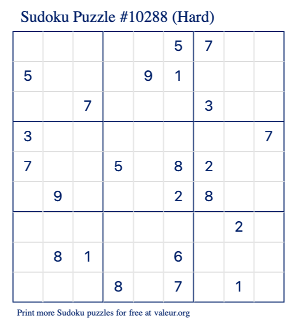 Free Printable Hard Sudoku Puzzle number 10288